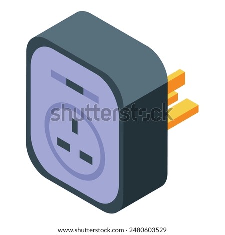 Isometric power adapter icon with electrical plug and 3d illustration for electricity supply and charging equipment, isolated vector accessory for modern technology and convenient travel use