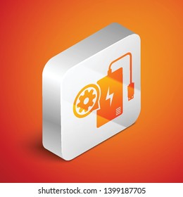 Isometric Power bank with charge cable and gear icon isolated on orange background. Adjusting app, service concept, setting options, maintenance, repair. Silver square button. Vector Illustration