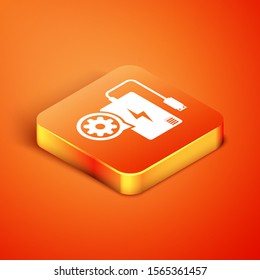 Isometric Power bank with charge cable and gear icon isolated on orange background. Adjusting app, service concept, setting options, maintenance, repair.  Vector Illustration