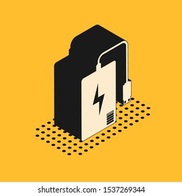 Isometric Power bank with different charge cable icon isolated on yellow background. Portable charging device.  Vector Illustration