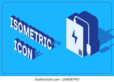 Isometric Power bank with different charge cable icon isolated on blue background. Portable charging device.  Vector Illustration