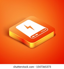 Isometric Power bank icon isolated on orange background. Portable charging device.  Vector Illustration