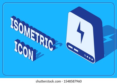 Isometric Power bank icon isolated on blue background. Portable charging device.  Vector Illustration