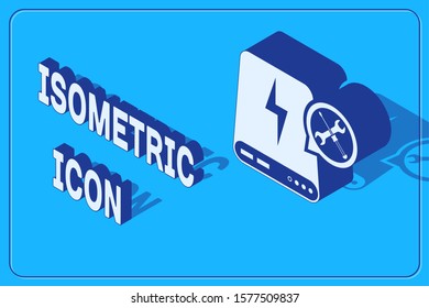 Isometric Power bank with screwdriver and wrench icon isolated on blue background. Adjusting, service, setting, maintenance, repair, fixing.  Vector Illustration