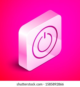 Isometric Power button icon isolated on pink background. Start sign. Silver square button. Vector Illustration