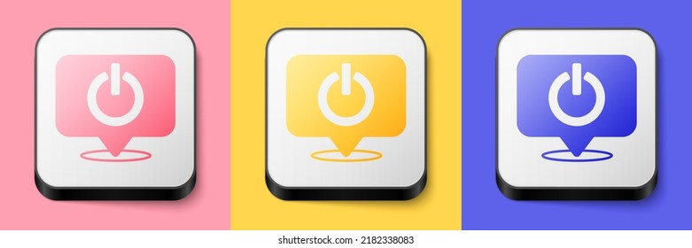 Isometric Power Button Icon Isolated On Pink, Yellow And Blue Background. Start Sign. Square Button. Vector