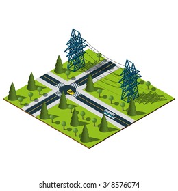 Isometric Power lines illustration. Isometric city. Vector map.