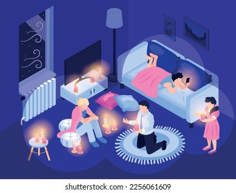 Isometric power outage composition with indoor scenery and room with family members burning candles during blackout vector illustration