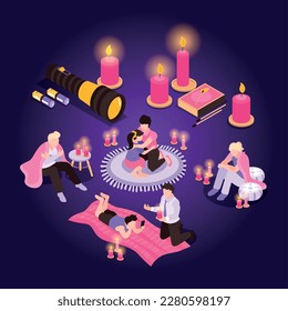 Composición isométrica de corte de energía con íconos aislados de velas quemadas y personajes humanos de personas relajantes ilustración vectorial