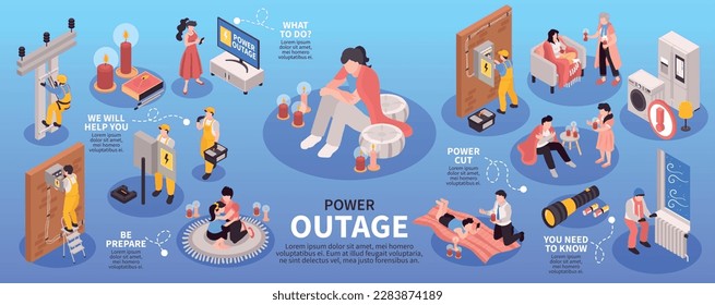 Isometric power outage infographics with isolated icons of power units and technicians performing maintenance with text vector illustration