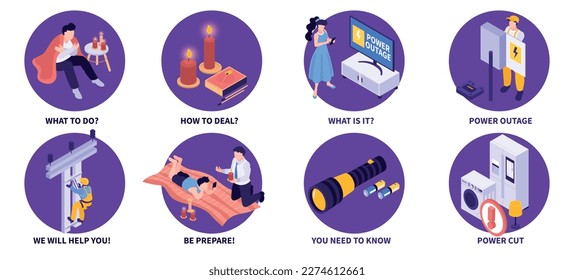 Composiciones redondeadas de corte de energía isométrico con subtítulos de texto y vistas de técnicos y de personas consumidoras ilustraciones vectoriales