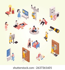 Isometric power outage set with isolated characters of people during blackout and working technicians with flashlights vector illustration
