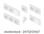 isometric power outlet plug electric socket european type f switcher set vector flat illustration