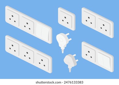 isometric power outlet plug electric socket indian type d switcher set vector flat illustration