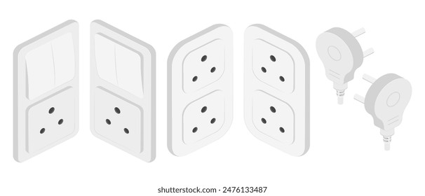 isometric power outlet plug electric socket indian type d switcher set vector flat illustration