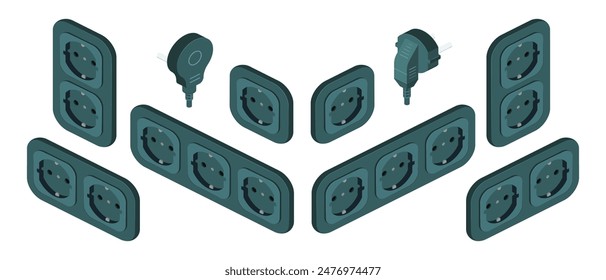 isometric power outlet plug electric socket european type f set vector flat illustration