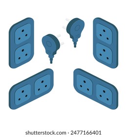 isometric power outlet plug electric socket indian type d set vector flat illustration