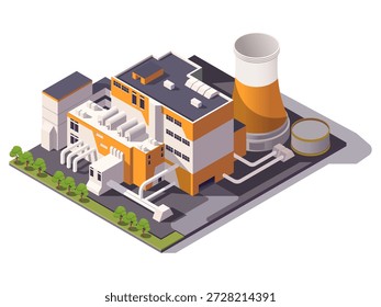 Isometric power plant with cooling tower, pipes, and industrial buildings on white background. Concept of energy production. Vector illustration