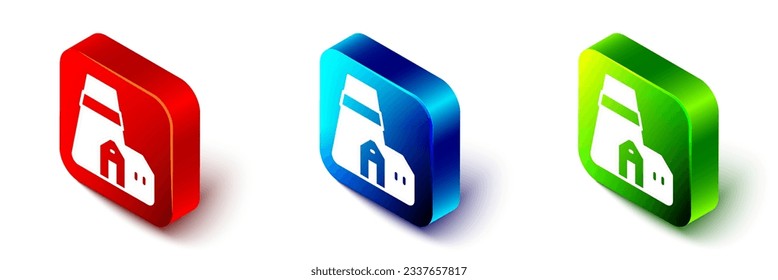 Isometric Power station plant and factory icon isolated on white background. Energy industrial concept. Red, blue and green square button. Vector