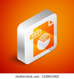 Isometric PPT file document. Download ppt button icon isolated on orange background. PPT file presentation. Silver square button. Vector Illustration