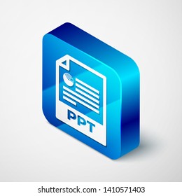 Isometric PPT file document icon. Download ppt button icon isolated on white background. PPT file presentation. Blue square button. Vector Illustration