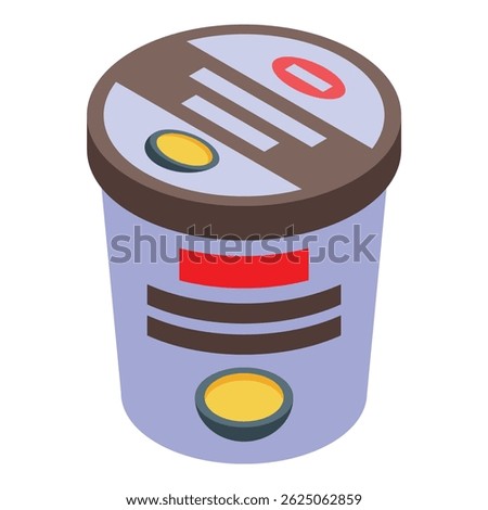 Isometric precooked food container with brown lid and red label, representing instant noodles or similar ready to eat meals