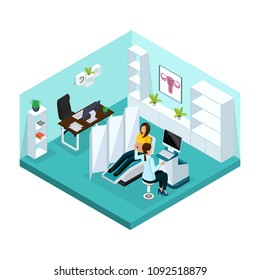 Isometric pregnancy medical examination concept with pregnant woman visiting doctor for ultrasound scan in hospital isolated vector illustration