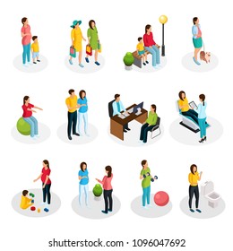 Isometric pregnancy set with pregnant women walking shopping visiting doctor playing with child doing sport exercises medical diagnostic procedures isolated vector illustration