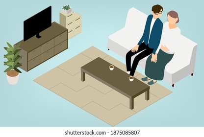 Isometric, pregnant wife and husband relaxing in the living room