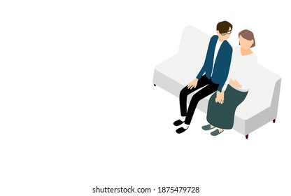 Isometric, pregnant wife and husband relaxing on the couch