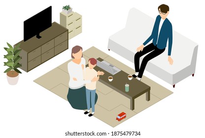Isometric, pregnant wife and husband relaxing in the living room