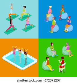 Isometric Pregnant Woman Aqua Aerobics, Fitness and Yoga. Healthy Lifestyle. Vector flat 3d illustration