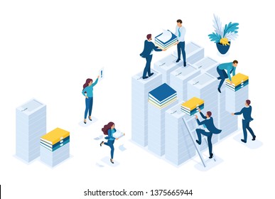 Isometric Preparation of tax reports, tax agents check the documents. Concept for web design.