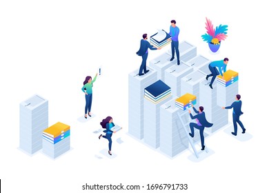 Isometric Preparation of tax reports, tax agents check the documents. Concept for web design.