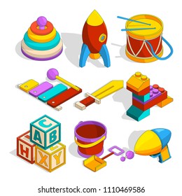 Isometric preschool children toys. Game for child, play and toy for kindergarten, drum rocket and block. Vector illustration