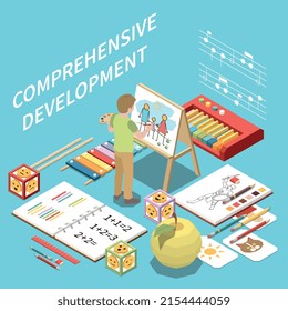 Isometric preschool education composition with boy painting on canvas and school objects for various skills development 3d vector illustration