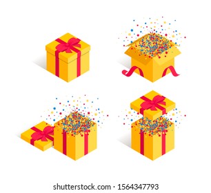 Isometric present opened gift box set. Surprise boxes with red bow, ribbon, confetti isolated on white background. New year, anniwersary, birthday 3d concept. Vector illustration for web, app, advert