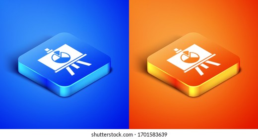 Isometric Presentation board with graph, schedule, chart, diagram, infographic, pie graph icon isolated on blue and orange background. Square button. Vector Illustration