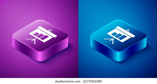 Isometric Presentation board with graph, schedule, chart, diagram, infographic, pie graph icon isolated on blue and purple background. Square button. Vector Illustration