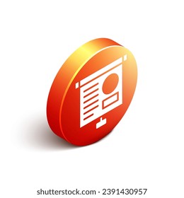 Isometric Presentation board with graph, schedule, chart, diagram, infographic, pie graph icon isolated on white background. Orange circle button. Vector Illustration