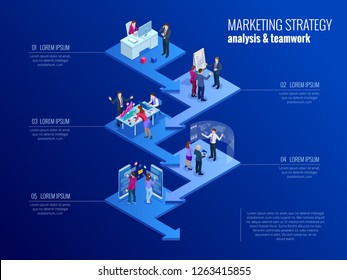 Isometric presentation business infographics template. Business data visualization, digital marketing, strategy, marketing, technologies. Process chart. Creative concept for infographic