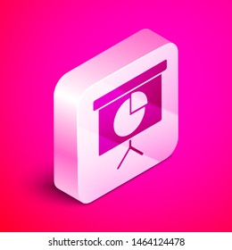 Isometric Presentation financial business board with graph, schedule, chart, diagram, infographic, pie graph icon isolated on pink background. Silver square button. Vector Illustration