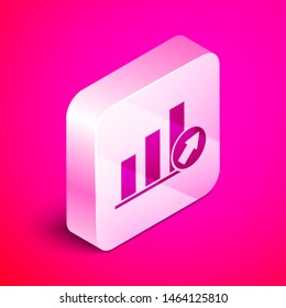 Isometric Presentation financial business with graph, schedule, chart, diagram, infographic, pie graph icon isolated on pink background. Silver square button. Vector Illustration