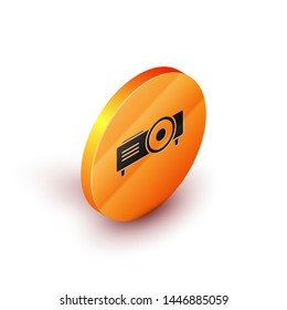 Isometric Presentation, movie, film, media projector icon isolated on white background. Orange circle button. Vector Illustration