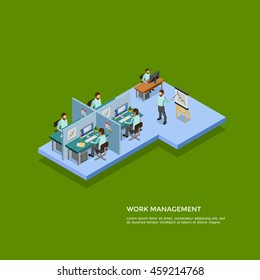 Isometric presentation room concept with men at their workplaces on green background vector illustration