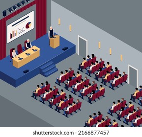 Composición asimétrica de la sala de conferencias de prensa con ilustración vectorial de audiencia completa