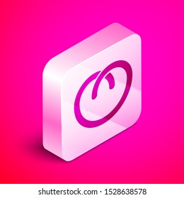 Isometric Pretzel icon isolated on pink background. German comfort food pastry. Oktoberfest festival. Silver square button. Vector Illustration