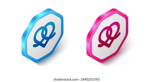 Isometric Pretzel icon isolated on white background. German comfort food pastry. Oktoberfest festival. Hexagon button. Vector