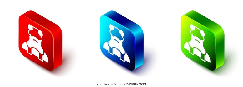 Isometric Priest icon isolated on white background. Red, blue and green square button. Vector