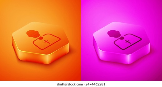 Isometric Priest icon isolated on orange and pink background. Hexagon button. Vector